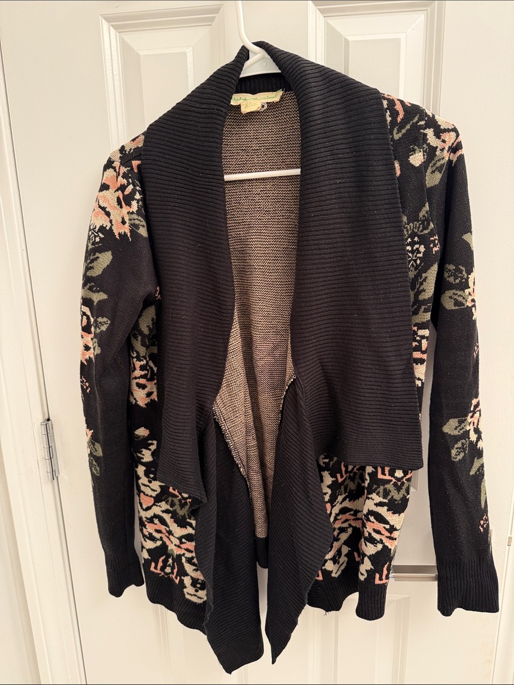 Anthropologie Black Floral Open-Front Draped Cardigan